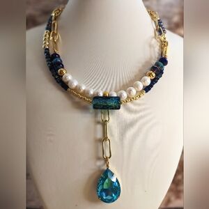 Dark Blue Glass Czech Beads & Pearls In Paperclip Statement Necklace